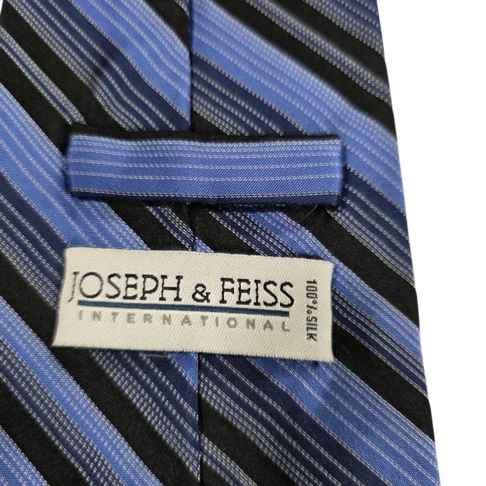 Joseph Feiss International Mens Necktie Blue Black Silk Striped Woven‎ Classic